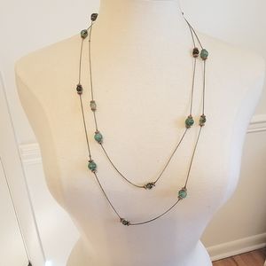 🔴 14k White Gold Plated Long Chain w/ Sea Ocean Blue Green Beads Necklace